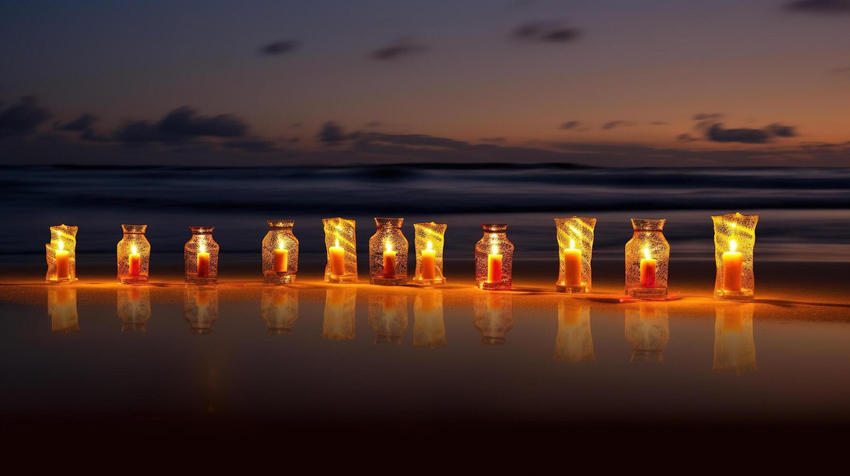 lampor spridd på en strand ai genererad foto