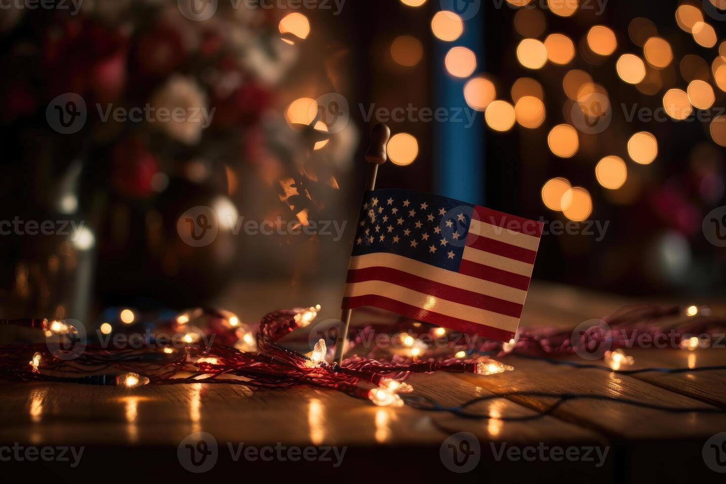 Foto av amerikan flagga i främre av bokeh effekt av stadsbild i bakgrund. generativ ai