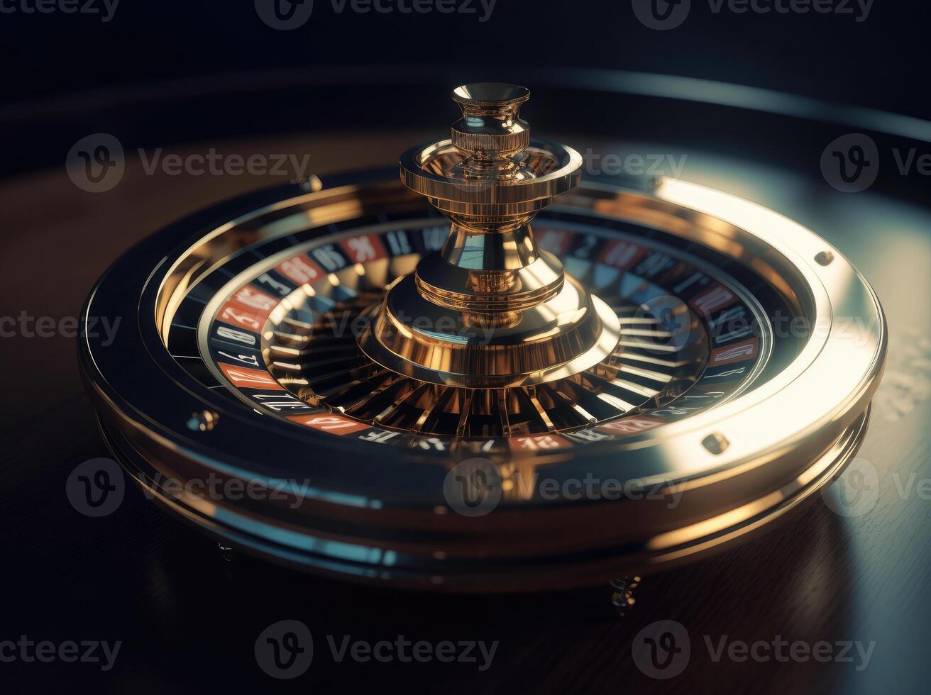 roulett hjul, i de mitten av de tabell på de kasino tabell. generativ ai foto