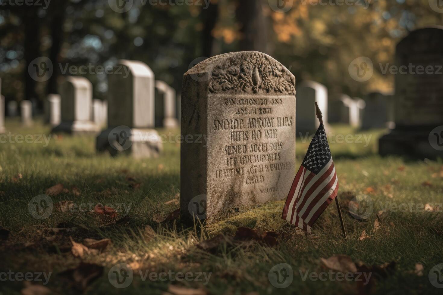 minnesmärke dag Foto med amerikan flaggor i de kyrkogård. generativ ai