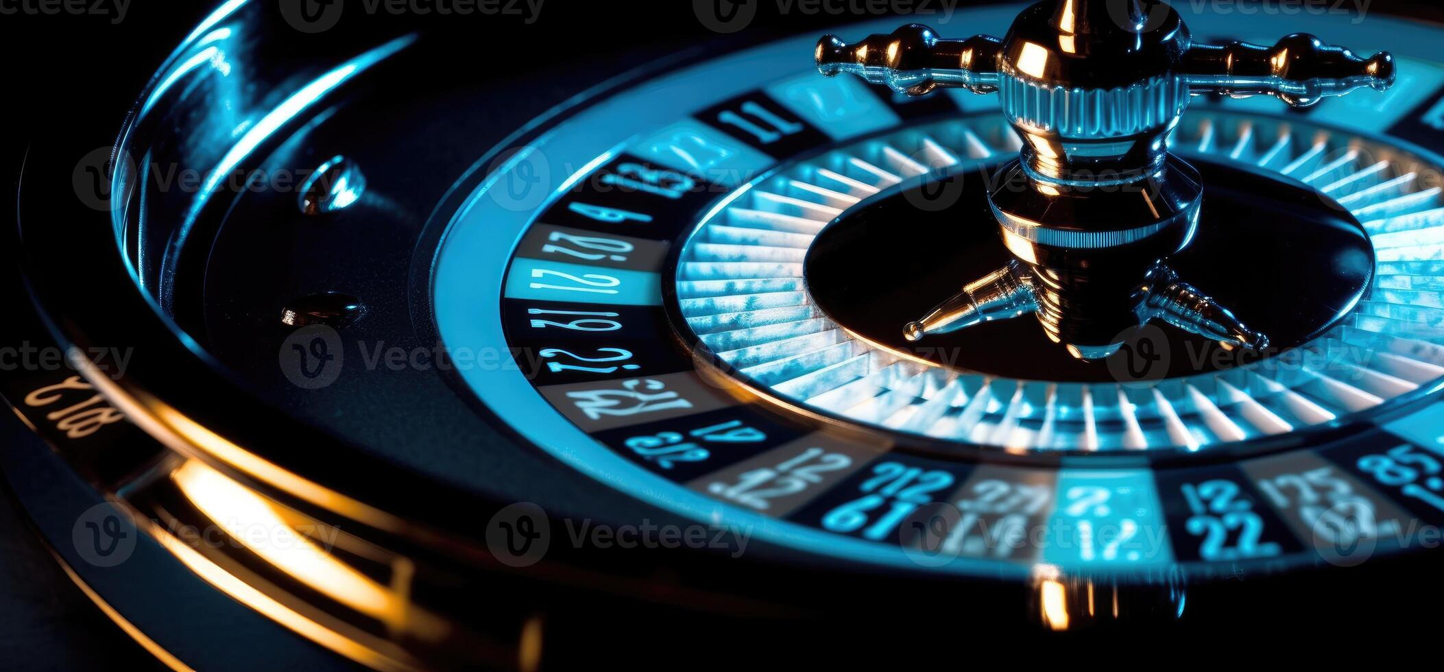 roulett hjul med blå bakgrund och lampor, kasino Foto. generativ ai foto