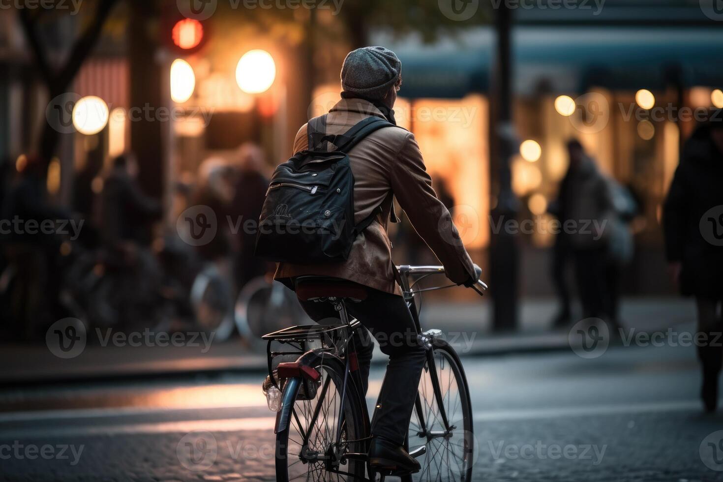 Foto av en person ridning en cykel i de stad folkmassan under de lampor på natt i de stad, och bland de folkmassor av människor. generativ ai.