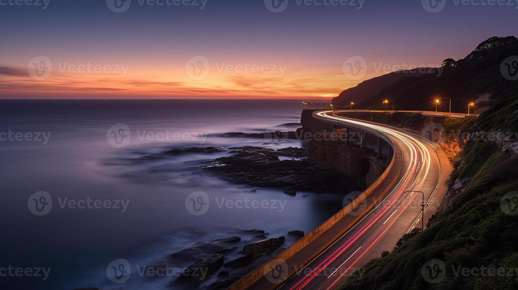 solnedgång över de hav klippa bro längs pacific hav kust med lampor av godkänd bilar nära sydney. generativ ai foto