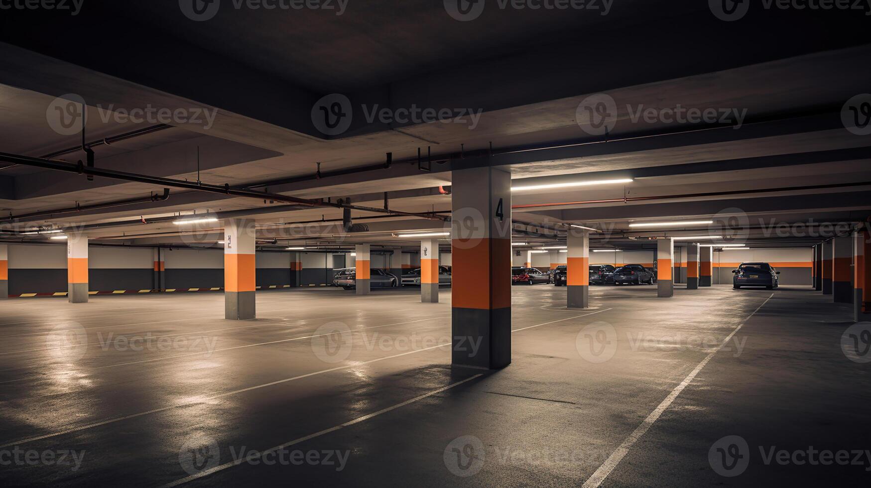 tömma bil parkering garage med belysning och kolumner, generativ ai foto