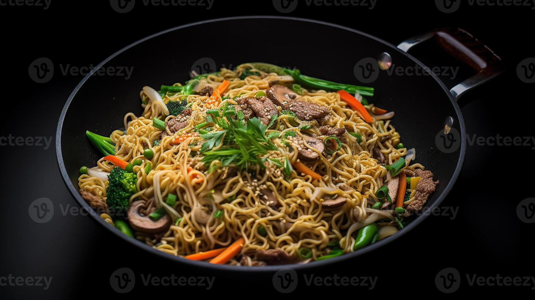 Vispa fritera spaghetti med grönsaker och nötkött i svart skål. skiffer bakgrund. kopia Plats. generativ ai foto