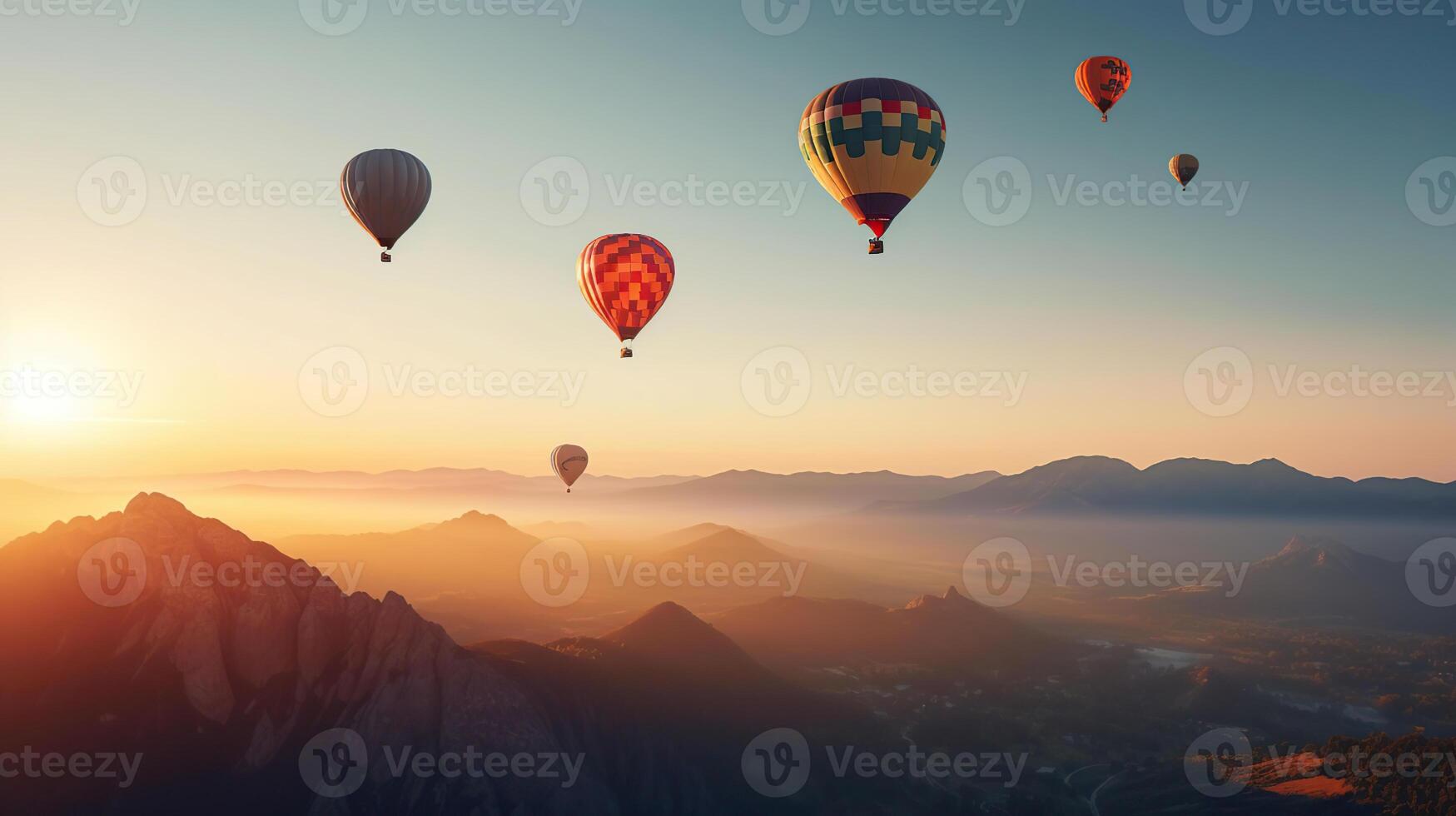 färgrik varm luft ballonger flygande ovan hög berg på skön soluppgång, generativ ai foto