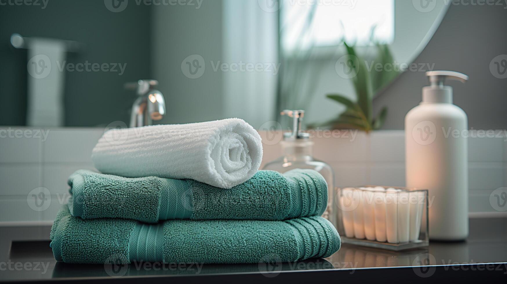 toalettartiklar och handdukar i de badrum, generativ ai foto