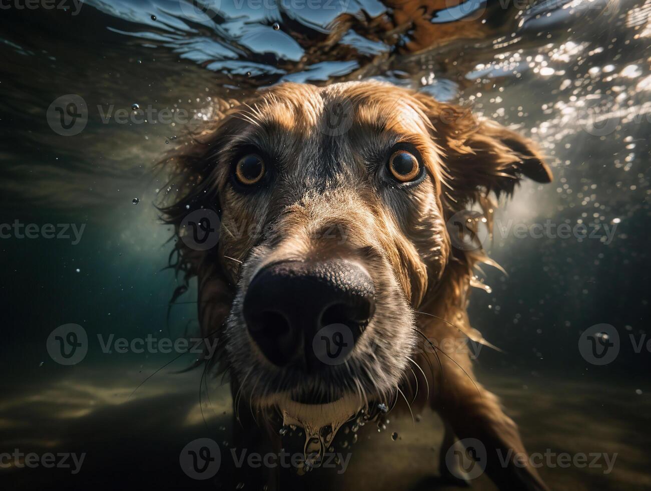 närbild bred vinkel under vattnet Foto resultat av en hund under vattnet, generativ ai