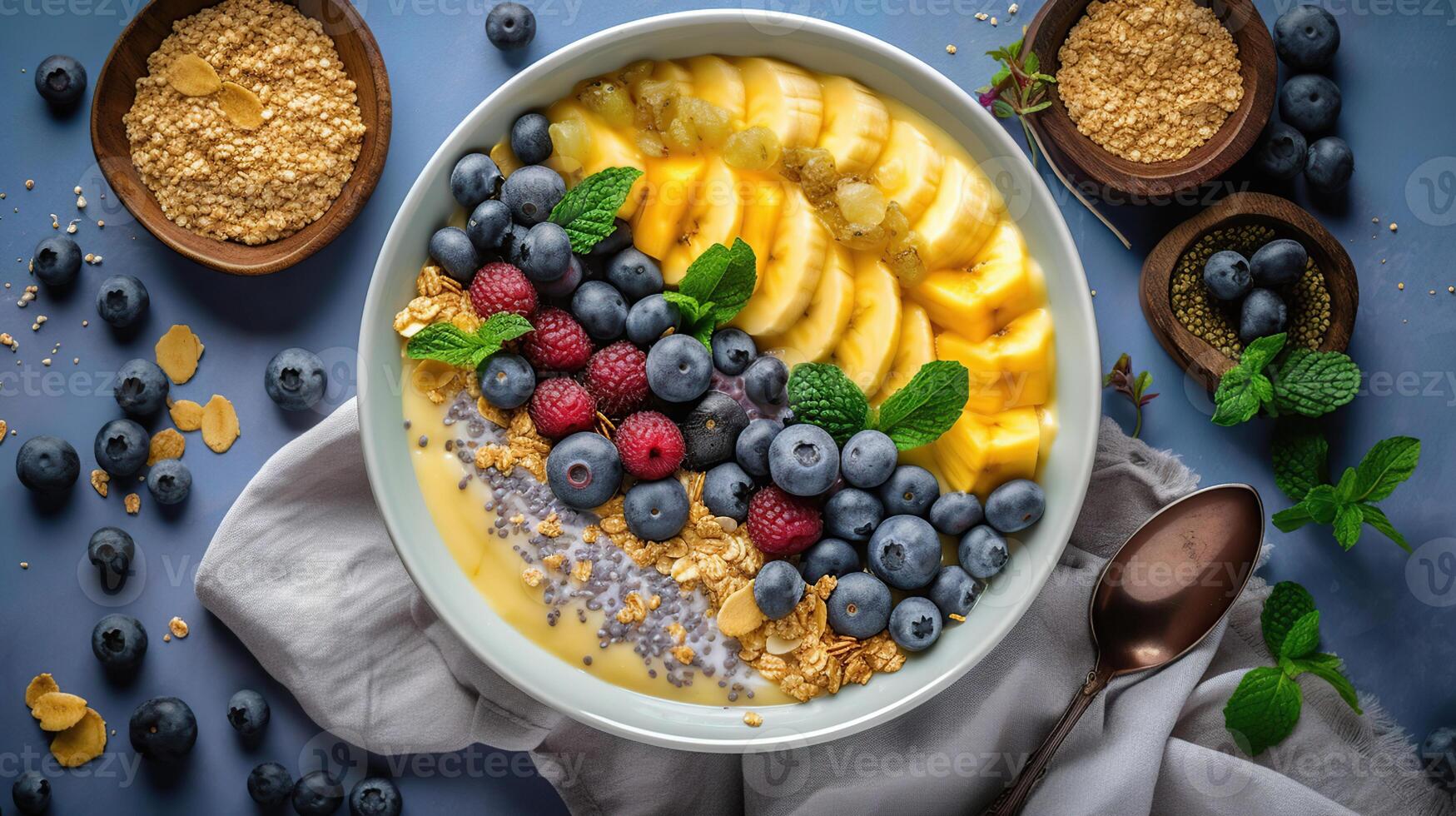 friska ananas, mango smoothie skål med kokos, bananer, blåbär och granola. ovan se scen på en ljus bakgrund, generativ ai foto