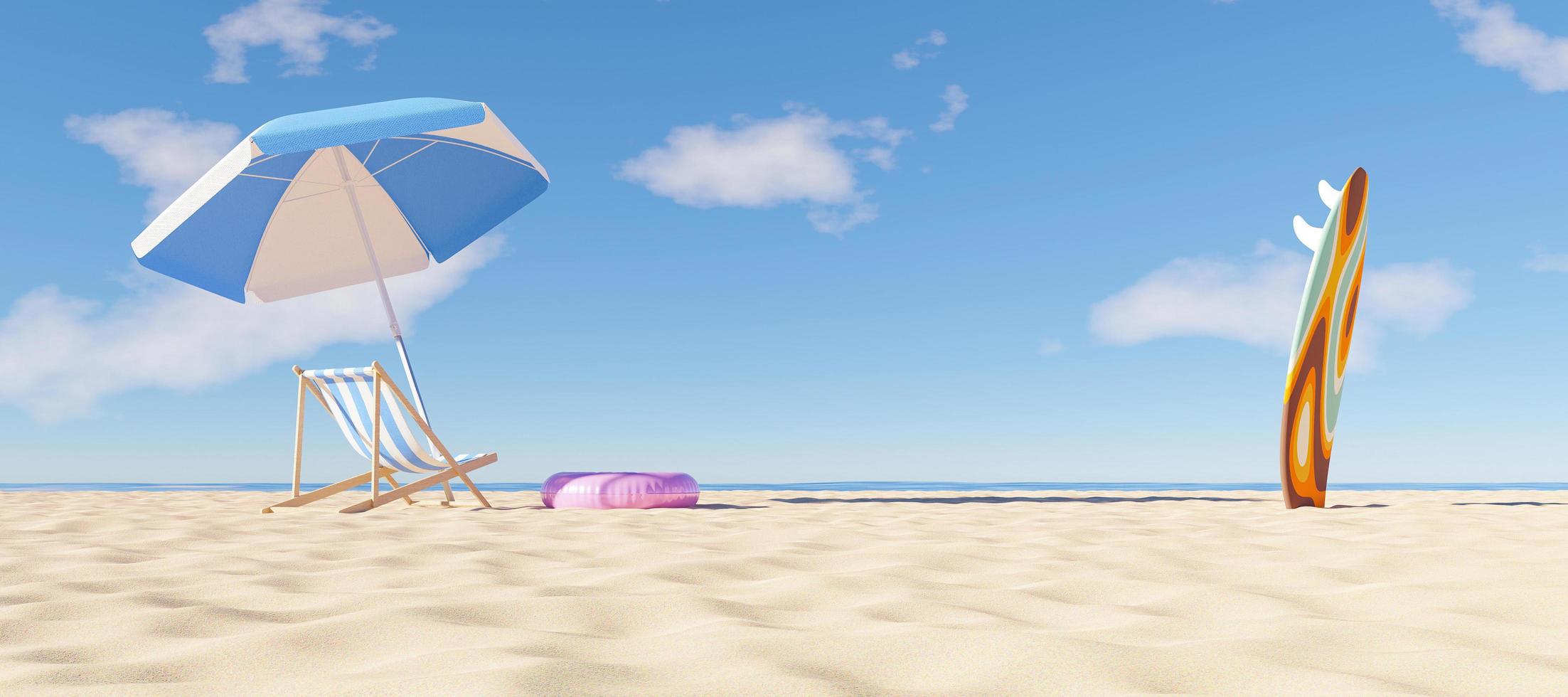 parasoll med hängmatta och surfingbräda på stranden, 3d framför foto