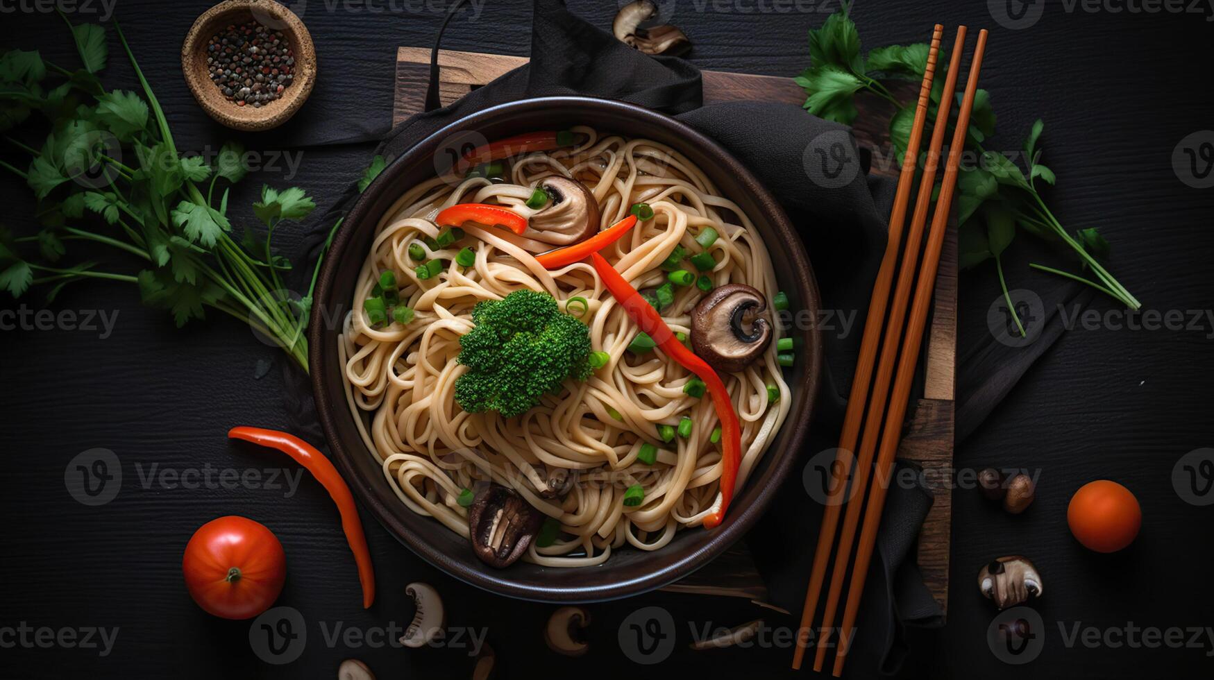 asiatisk spaghetti med grönsaker och svamp på en mörk bakgrund, topp se, generativ ai foto