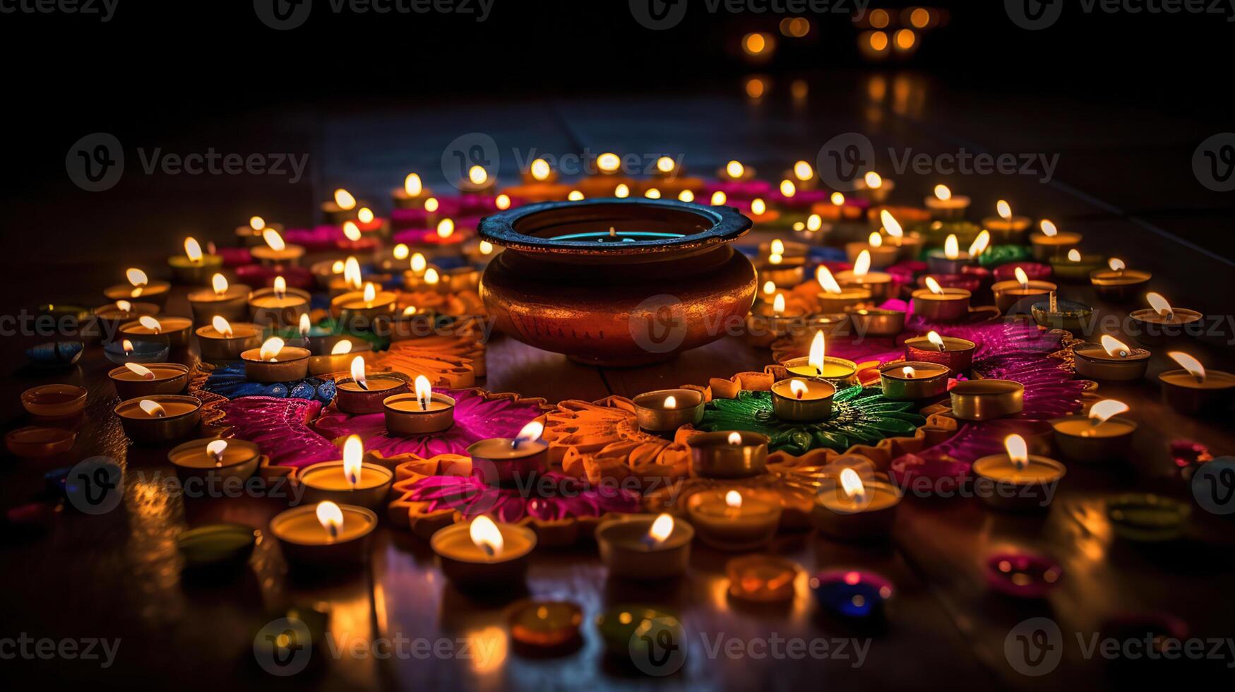 diwali firande - diya olja lampor belyst på färgrik rangoli, generativ ai foto