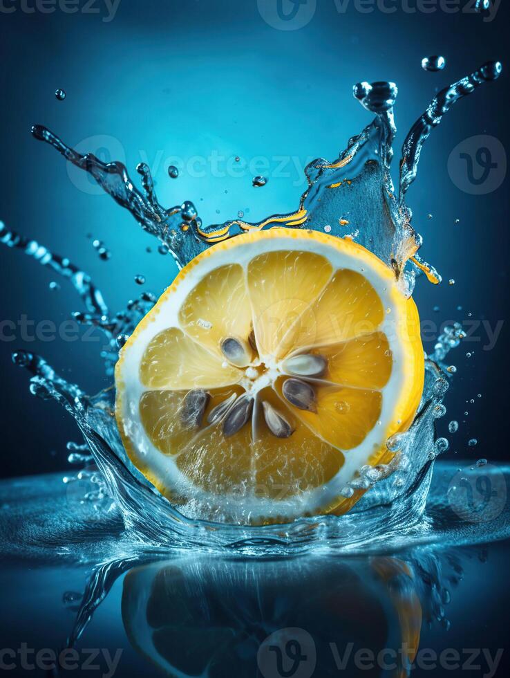 stänk av skivad citron- med vatten droppar över blå bakgrund, generativ ai foto