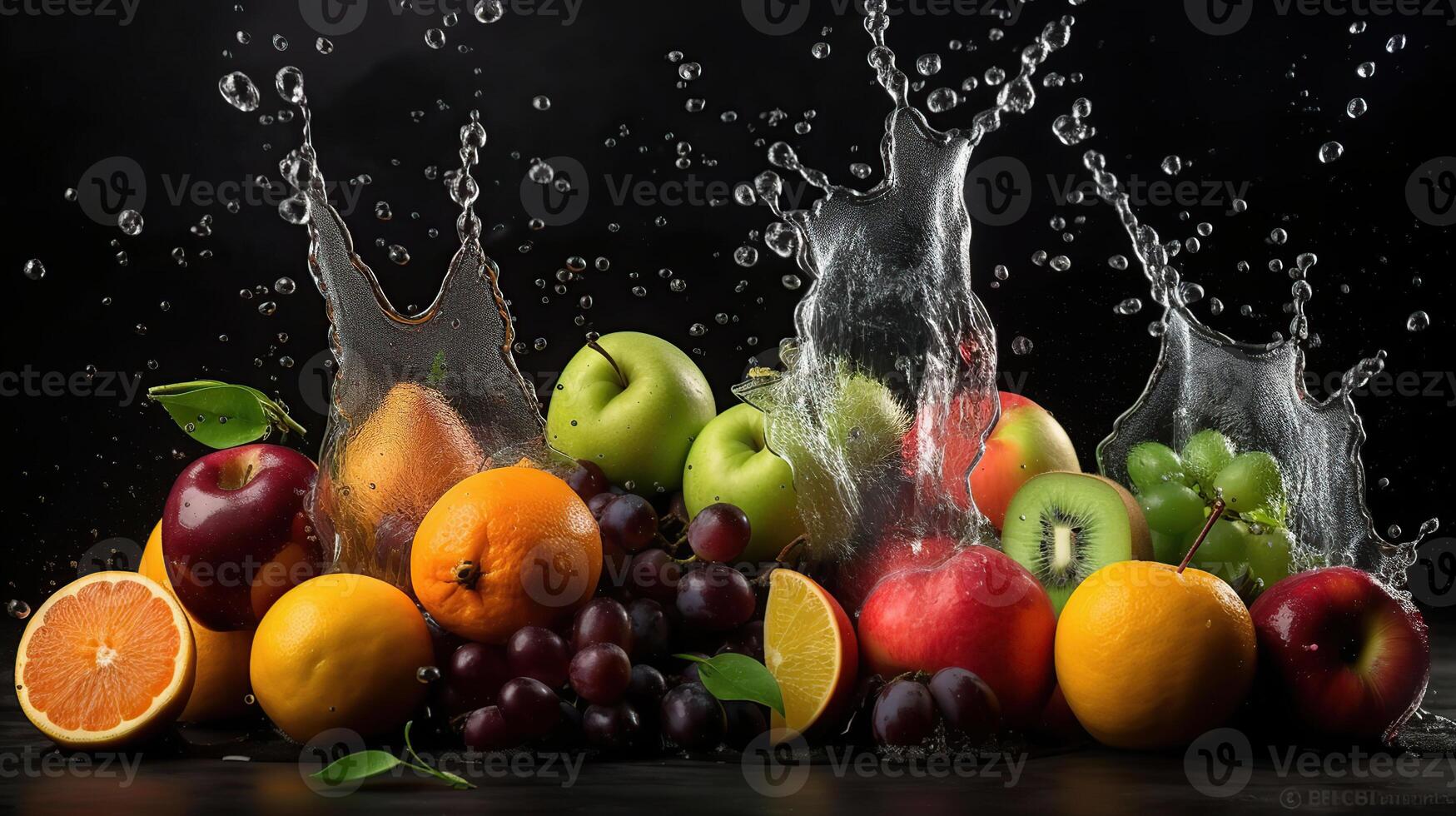 frukt på svart bakgrund med vatten stänk, generativ ai foto