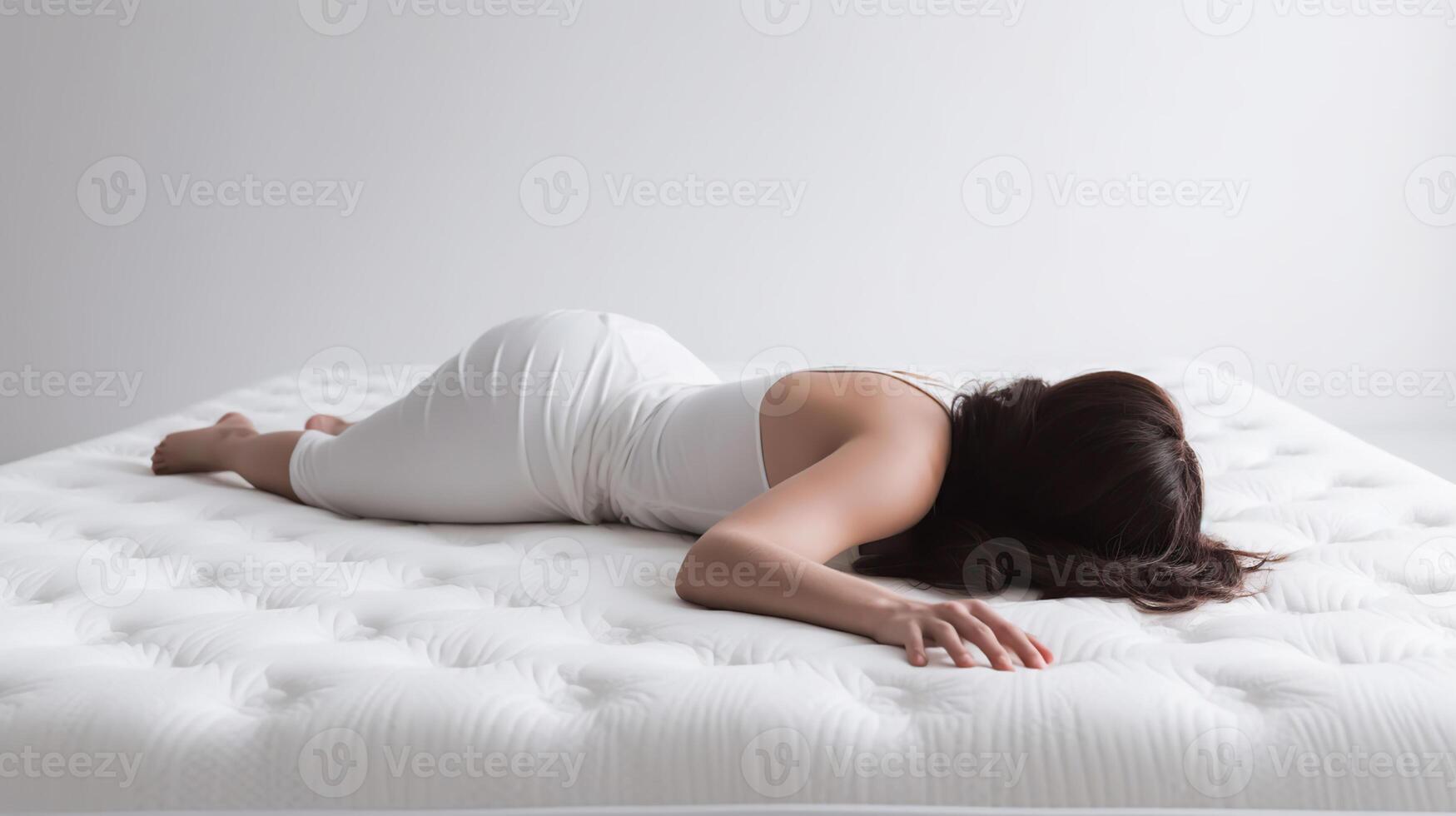 kvinna sovande på mjuk madrass mot vit bakgrund, generativ ai foto