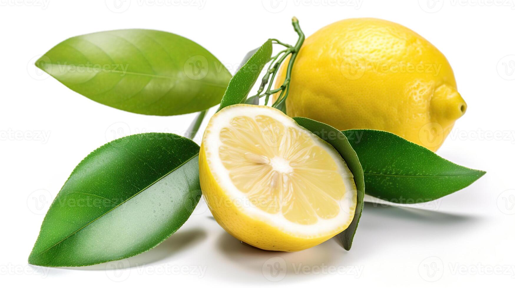 citron- frukt med blad isolera. citron- hela, halv, skiva, löv på vit. citron- skivor med krydda isolerat. med klippning väg. generativ ai foto