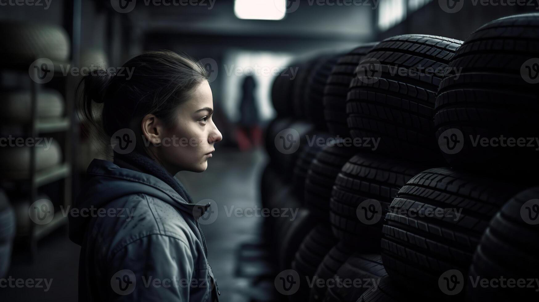 kvinnor mekaniker innehav en däck däck på de reparera garage. ersättning av vinter- och sommar däck, generativ ai foto