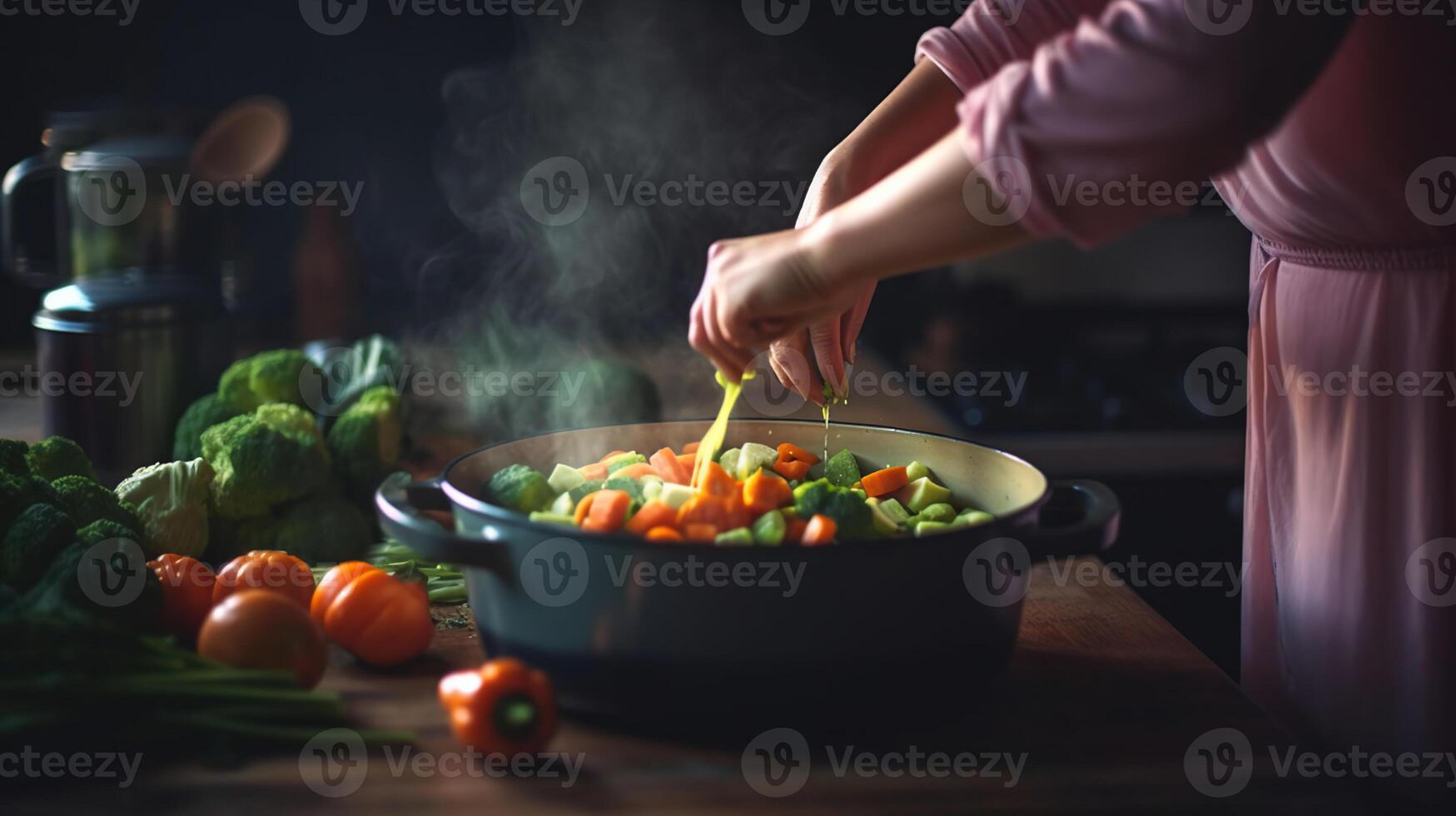 kvinna sätta grönsaker i matlagning pott på tabell i kök, generativ ai foto