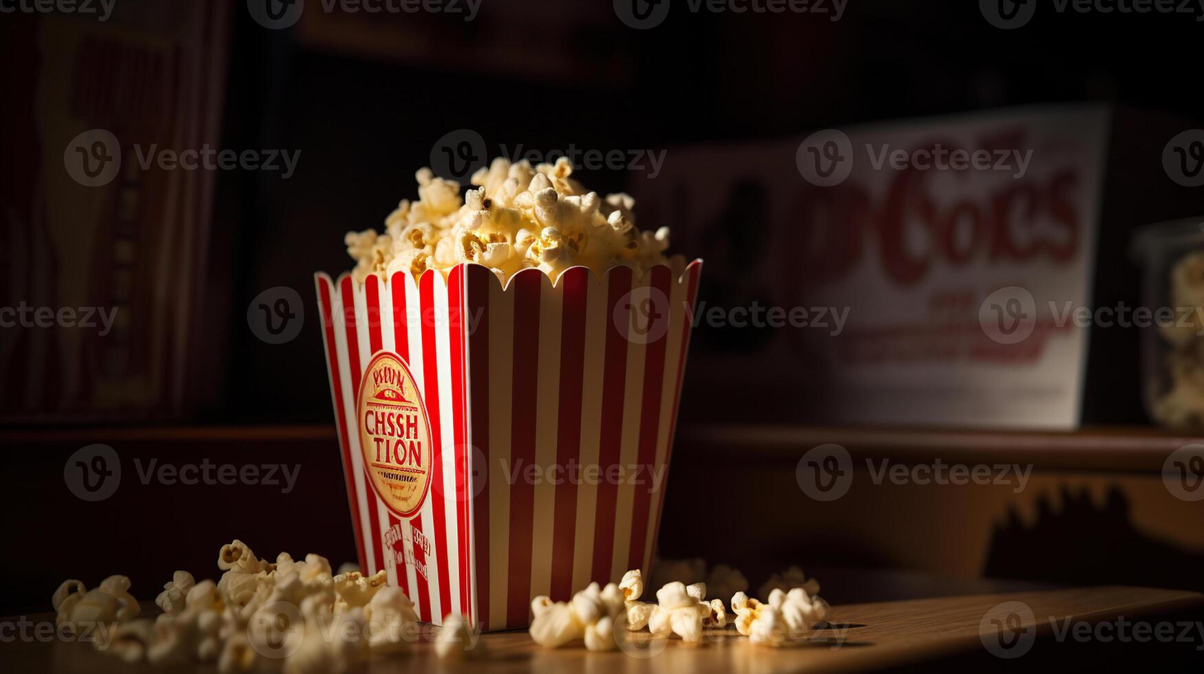 popcorn i en randig låda. film äter i teater, generativ ai foto
