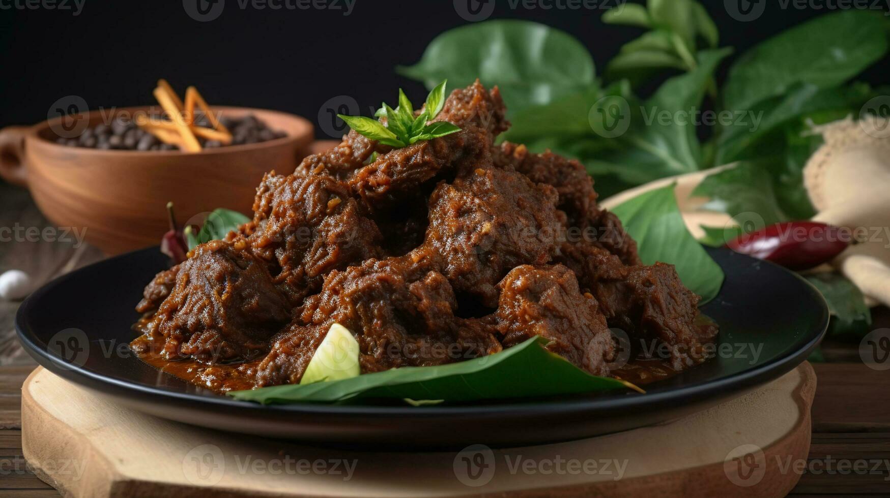rendang är ett indonesiska väst sumatra minangkabau kryddad kött den där långsam kokta i kokos mjölk och blandad kryddor, generativ ai foto
