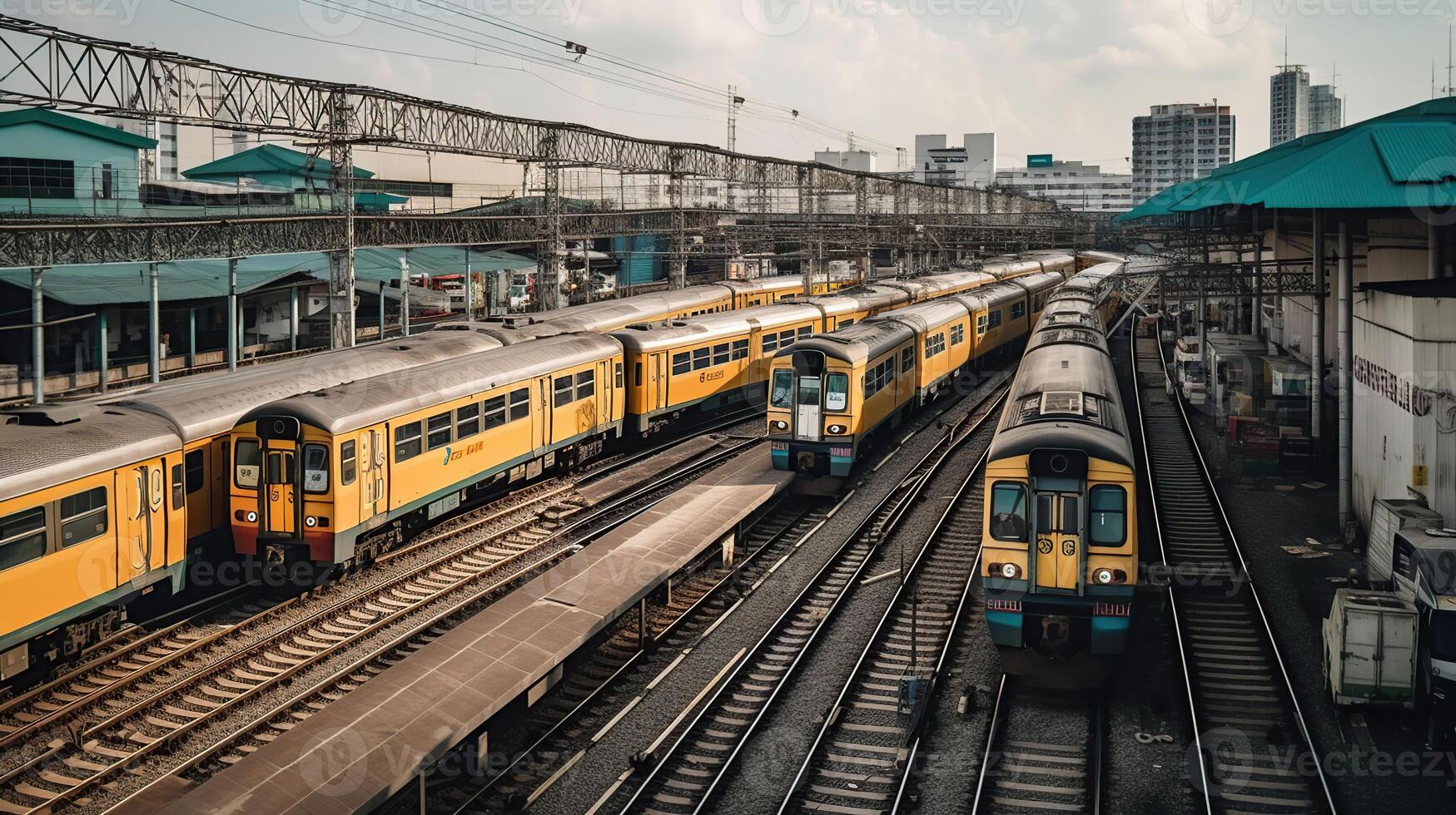 tåg station med rör på sig tåg massa transport, generativ ai foto