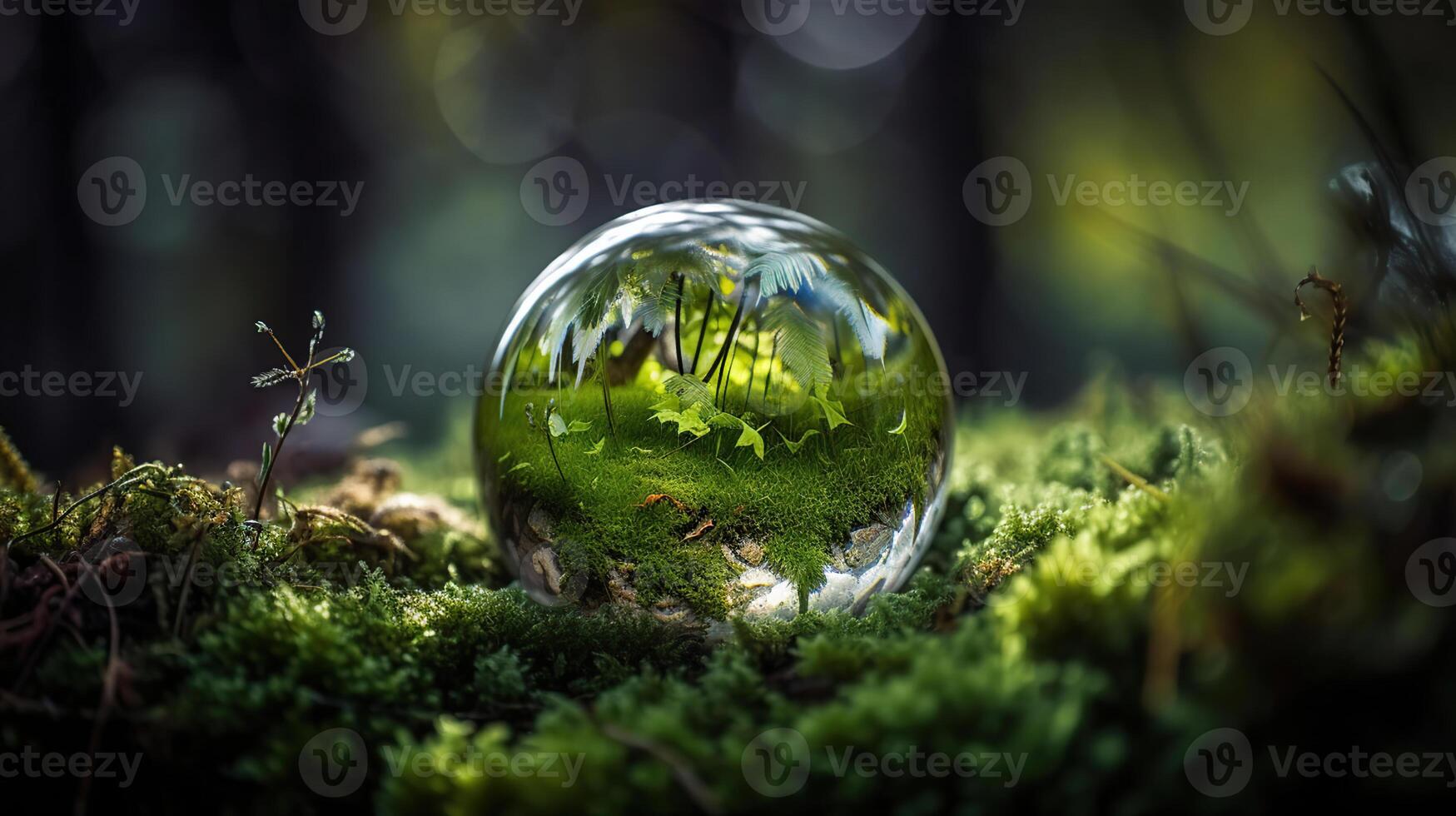 glas klot på gräs mossa i skog - grön planet med abstrakt defocused bokeh lampor - miljö- bevarande begrepp, generativ ai foto