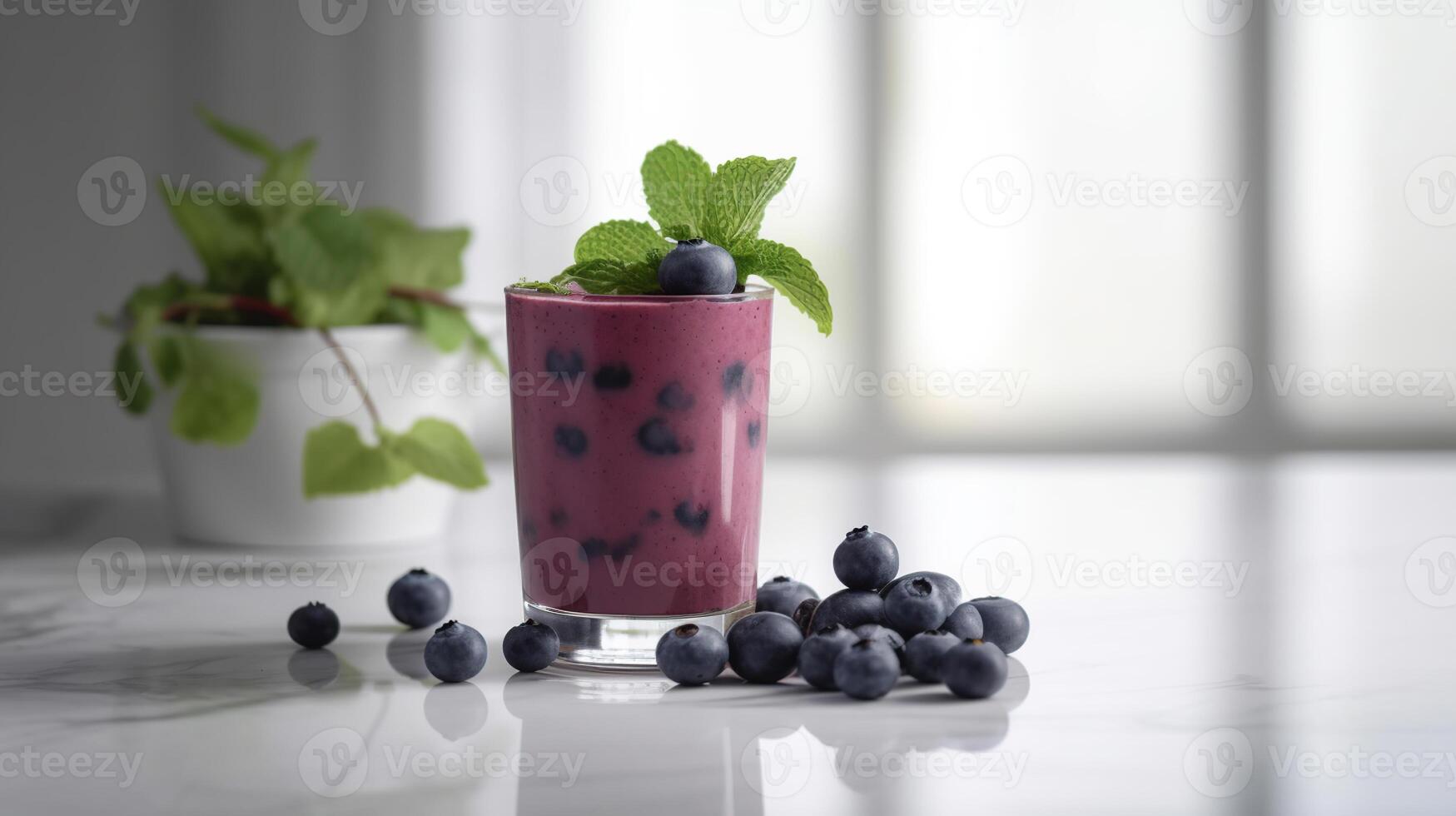 glas av blåbär smoothie med mynta och färsk bär på vit marmor tabell. generativ ai foto