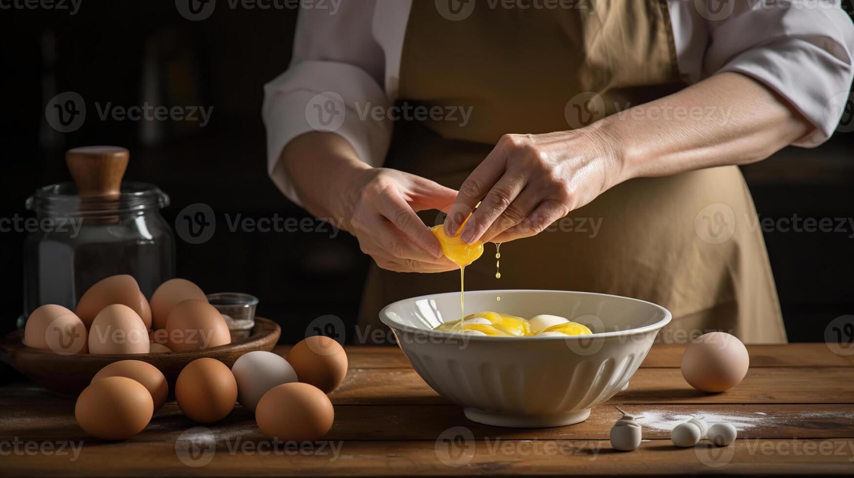 kvinna krackning ägg in i skål för matlagning bakverk, generativ ai foto