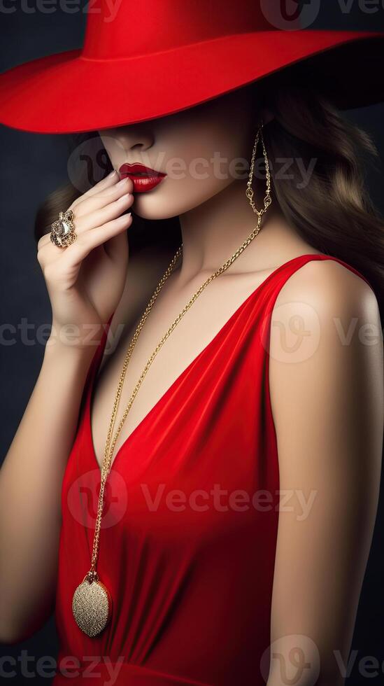 mode kvinna i hatt dold, ansikte i röd decollete klänning med gyllene örhänge. elegant lady i störtar urringning kväll klänning. modell porträtt med glansig röd mun över studio bakgrund, generativ ai foto