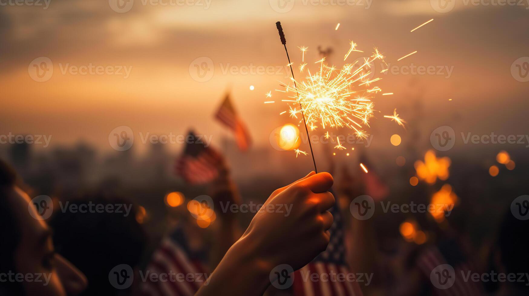 USA firande med händer innehav sparklers och amerikan flagga på solnedgång, generativ ai foto