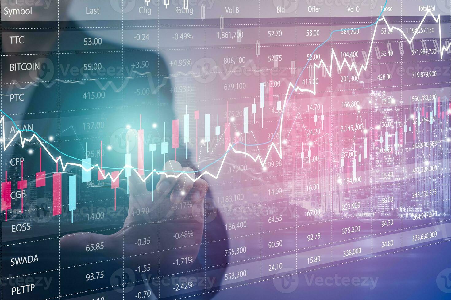 affärsman pekskärm linje av aktiemarknaden eller valutahandel graf och ljusstake diagram som lämpar sig för finansiella investeringskoncept, ekonomi trender bakgrund för affärsidé och alla konstverk design. foto