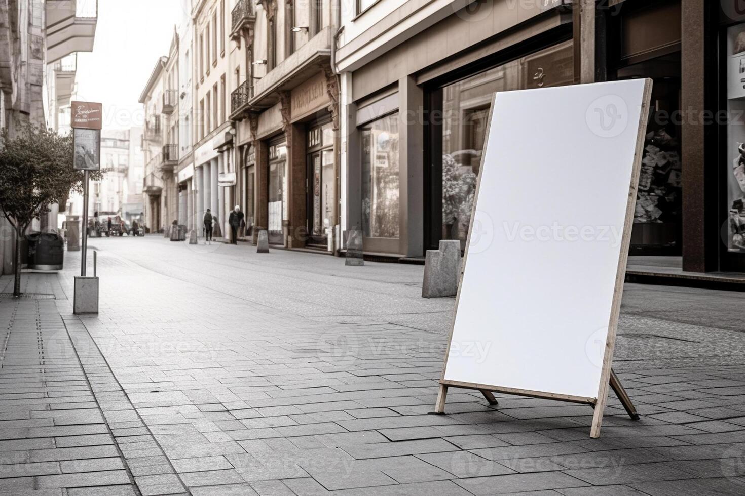 ai generativ en tom vit anslagstavla attrapp på en trottoar i en stad foto