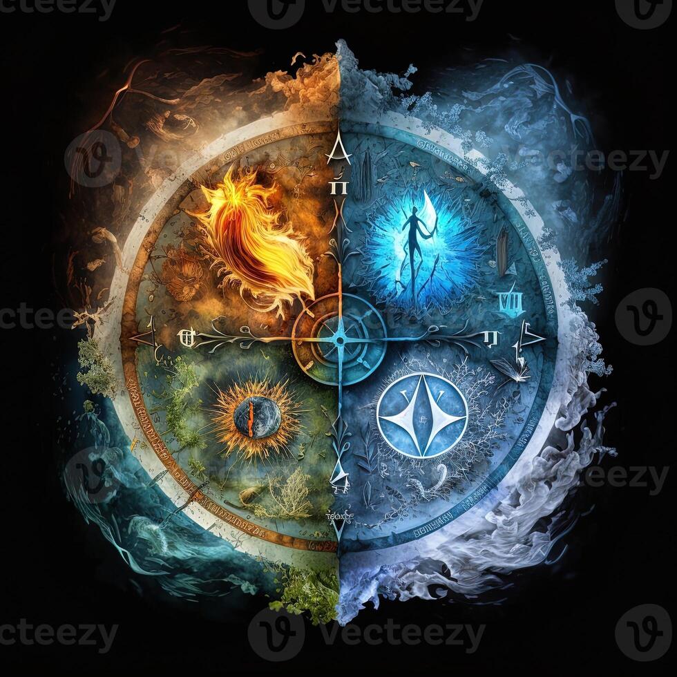 fyra element kompass. generativ ai. färgrik magisk fantasi kompass, fyra element jorden, brand, vatten, luft. foto