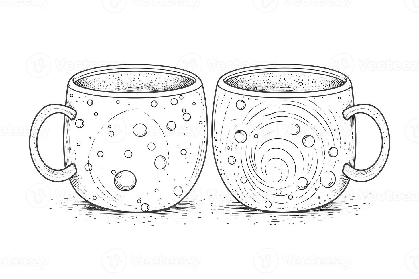 ett översikt jpeg illustration av två polka punkt dekorerad kaffe muggar isolerat på vit bakgrund designad i en klassisk stil som en färg sida vuxna och ungar. ai genererad foto