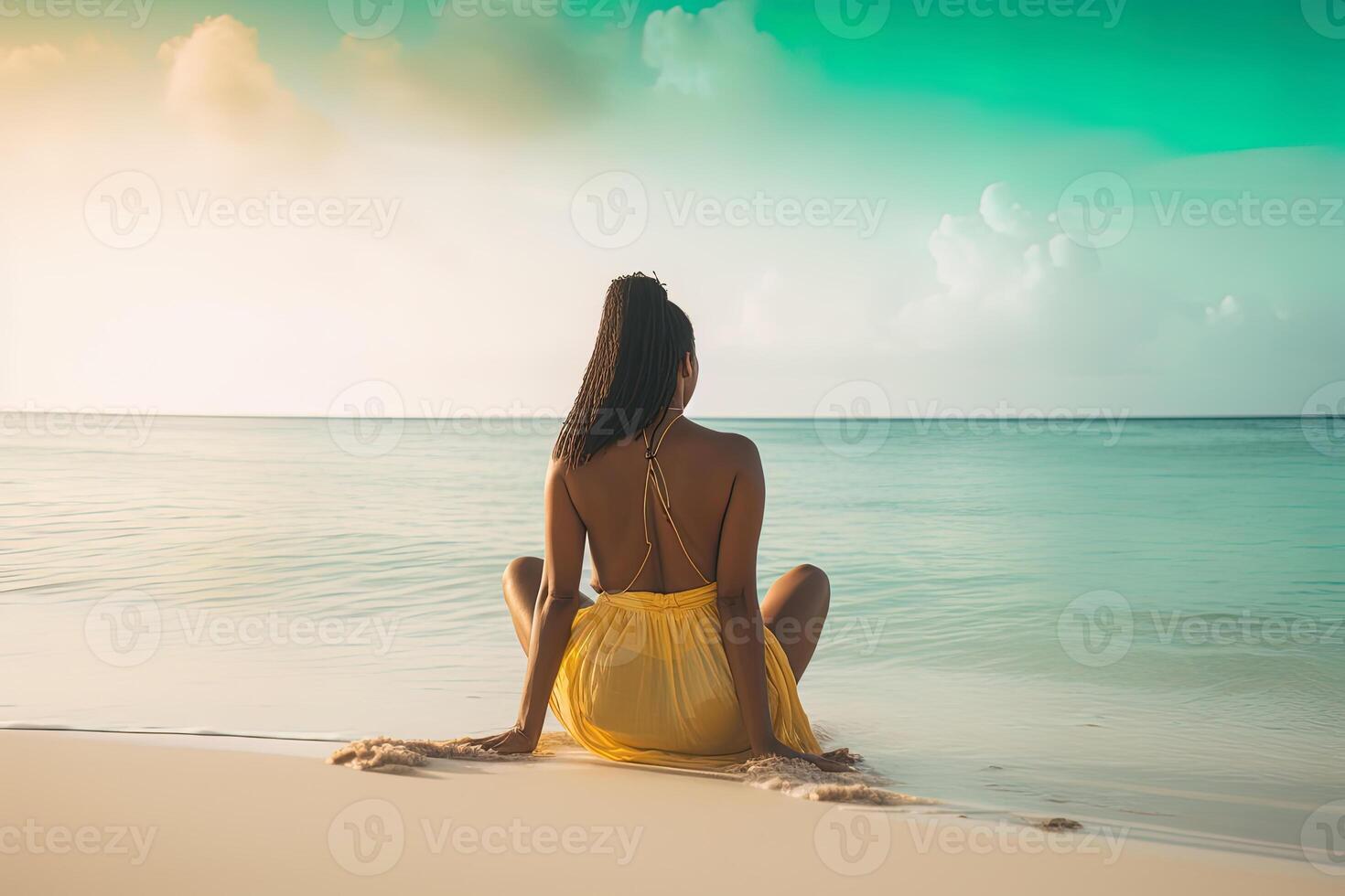 tillbaka se av en kvinna Sammanträde på en strand. ai genererad foto