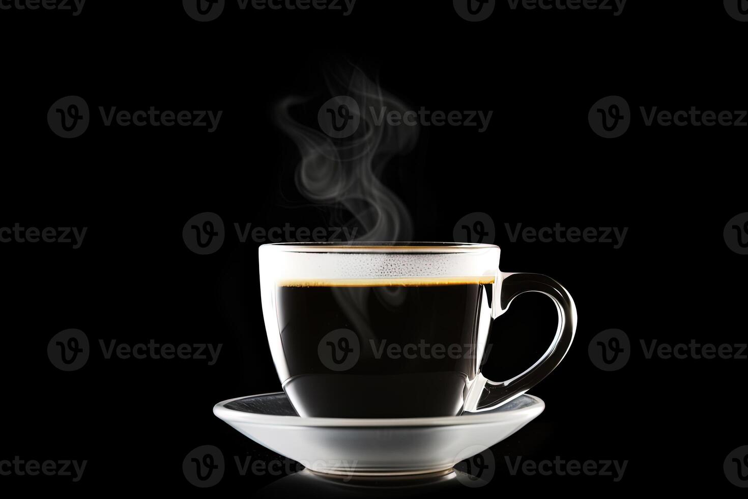 stänga upp en kopp av en svart varm kaffe med rök på svart bakgrund. ai genererad foto