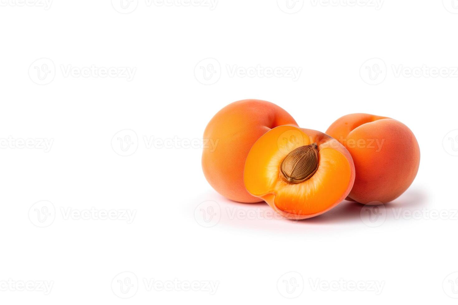 färsk hela och skivad persikor aprikoser isolerat på vit bakgrund med kopia Plats. ai genererad foto