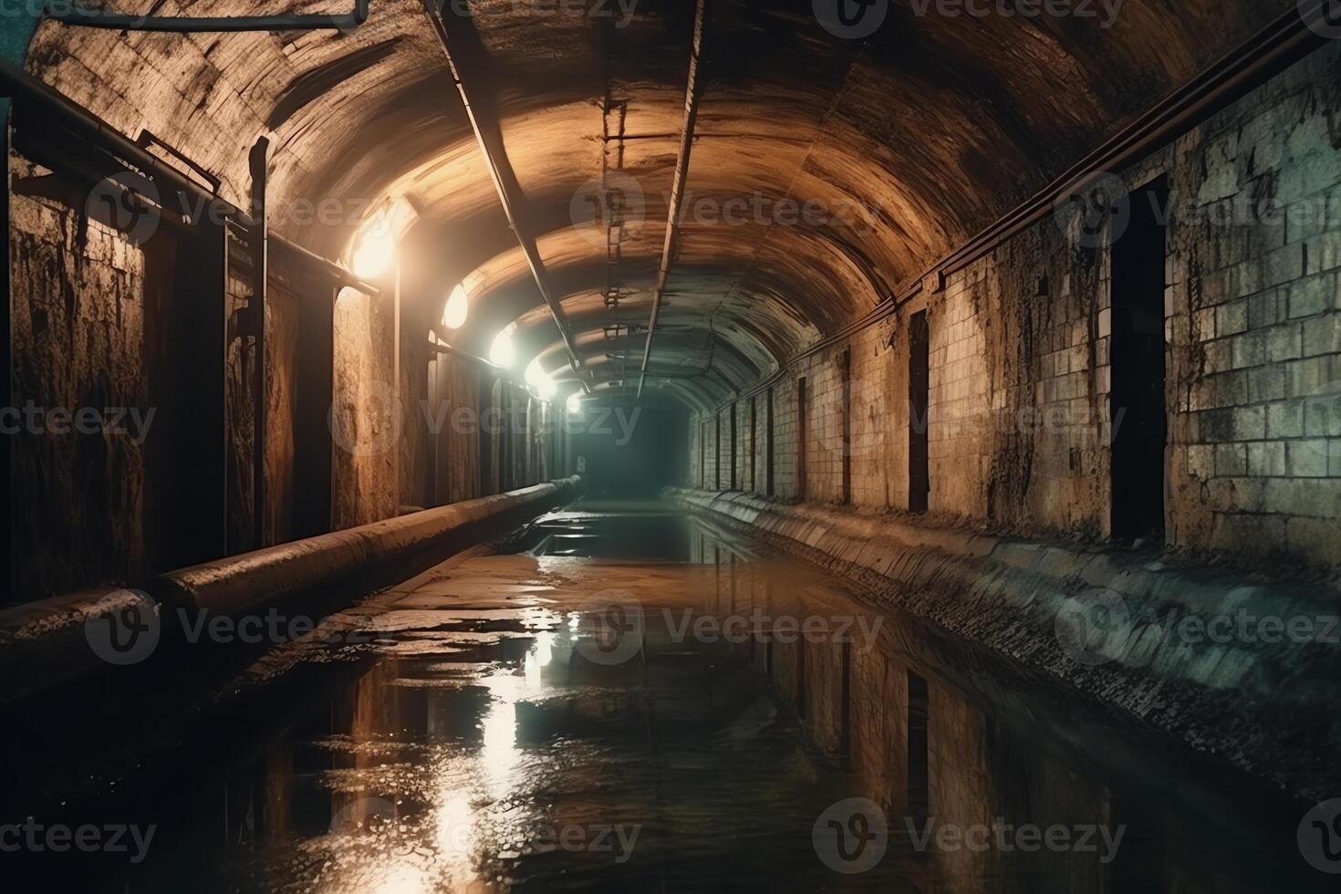 gammal historisk välvd översvämmad underjordisk dränering tunnel. ai genererad foto