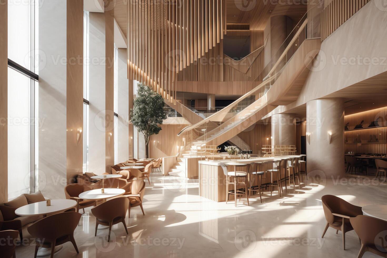 interiör av samtida Kafé med dubbel- tak höjd funktioner ljus trä och marmor bricka golv en lyx design hotell lobby bar med en andra dela nivå. ai genererad foto