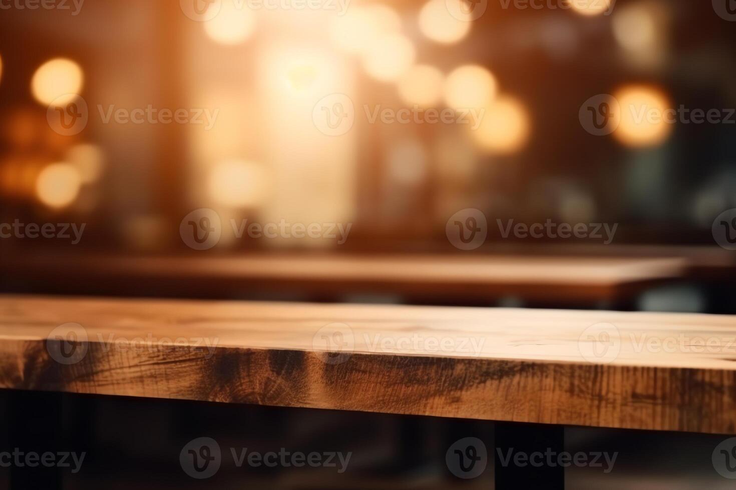abstrakt suddig Kafé bakgrund tömma trä- tabell topp med bokeh och tom Plats produkt på restaurang skrivbord. ai genererad foto