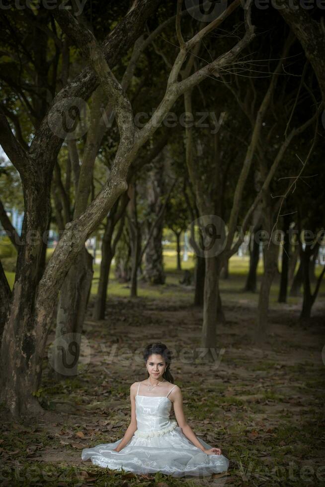 asiatisk flicka i bröllop klänning i de skog foto