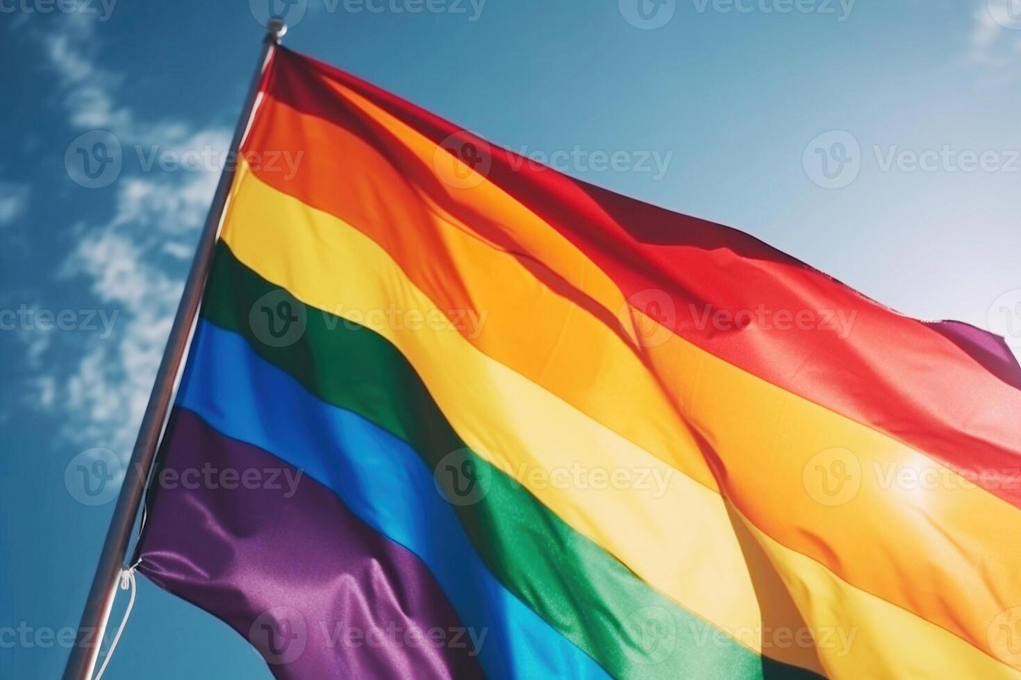 ai generativ. stolthet regnbåge HBTQ Gay flagga mot en blå himmel. foto