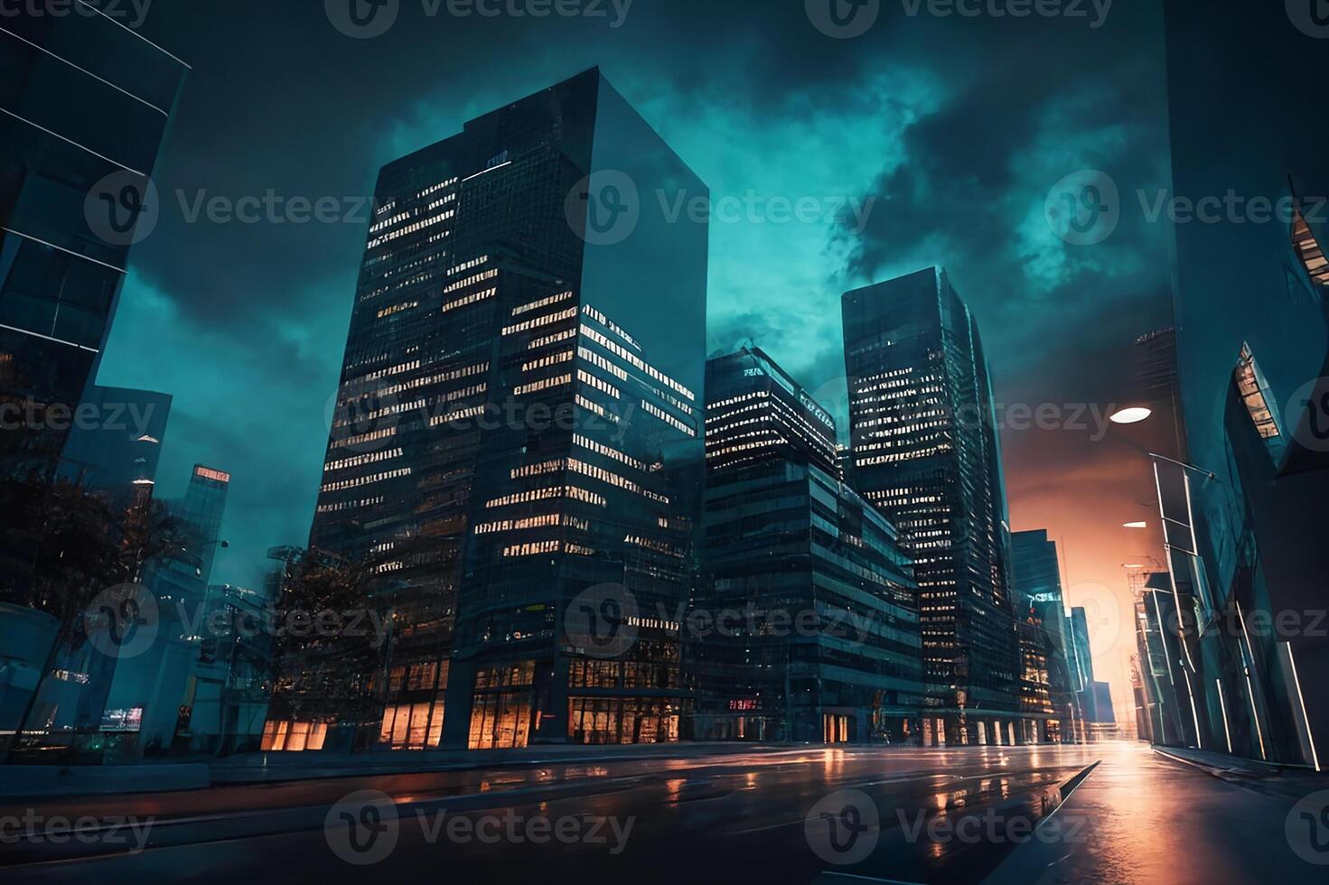 en modern stad på natt med skyskrapor. företag Centrum. generativ ai foto