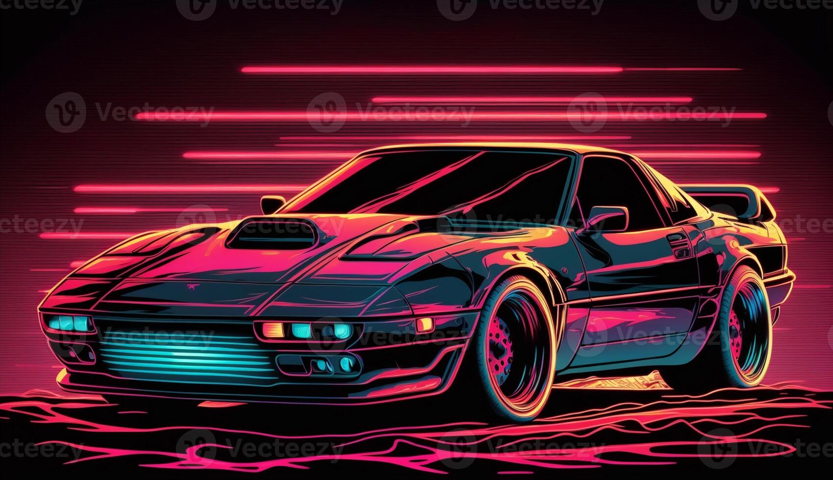 cyberpunk trogen retro Vinka synt Vinka bil, retro sporter bil med neon bakgrundsbelysning konturer, generativ ai foto
