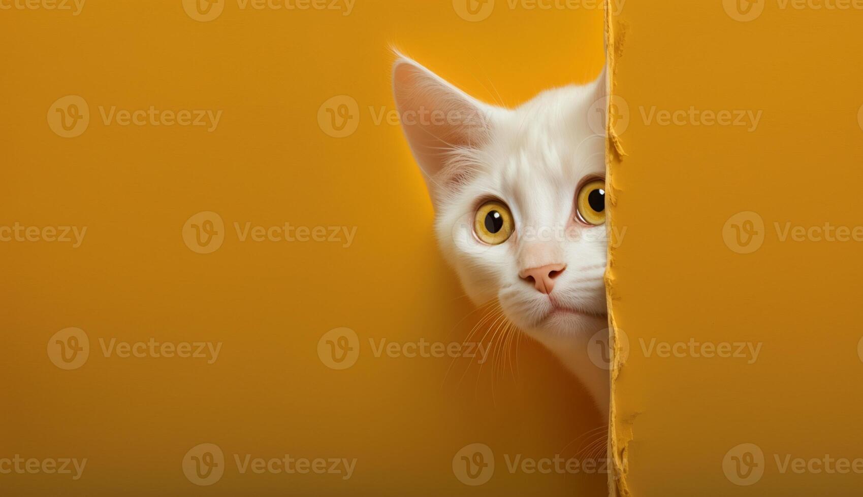skrämd katt kikar ut från Bakom en hörn på en gul bakgrund, med kopia Plats, skapas med generativ ai teknologi foto
