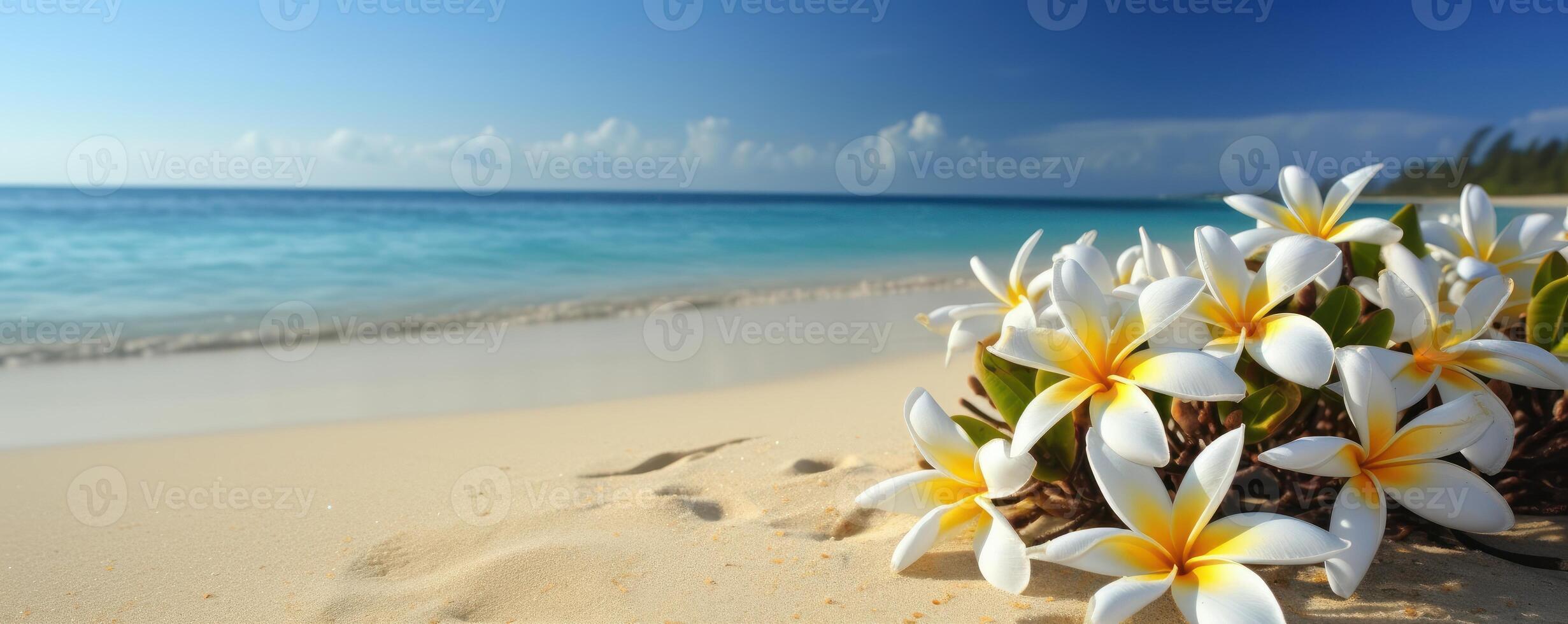 plumeria frangipani på tropisk hav och strand blå himmel bakgrund, sommar festlig tid. generativ ai foto