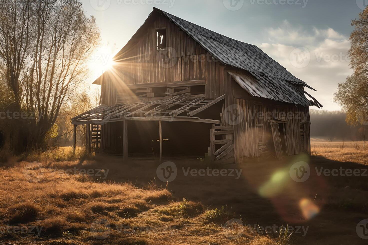 ett gammal trä- ladugård väder bärs utanför i de värma solljus. ai genererad foto