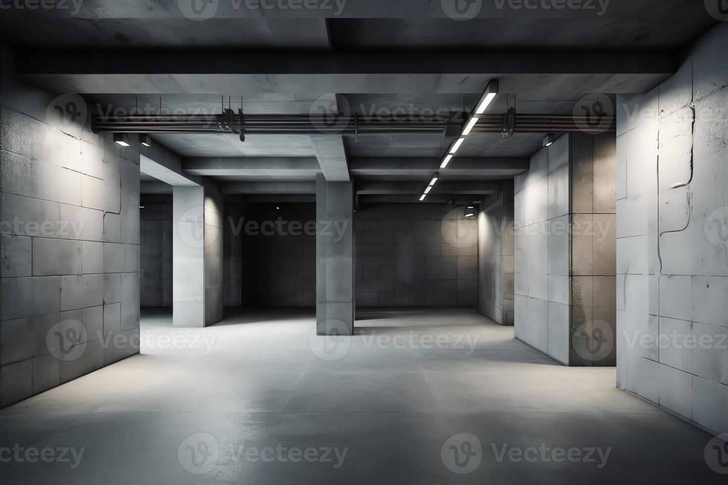 abstrakt tömma modern betong rum med tak lampor och grov golv industriell interiör bakgrund mall 3d illustration. ai genererad foto