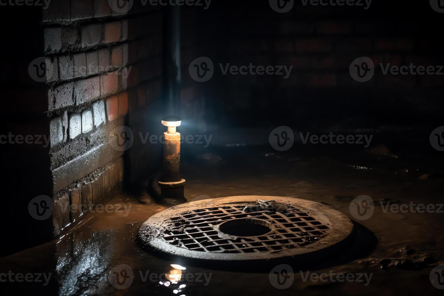 sump pump manhål med vatten säkerhetskopiering tittade med en ficklampa. ai genererad foto