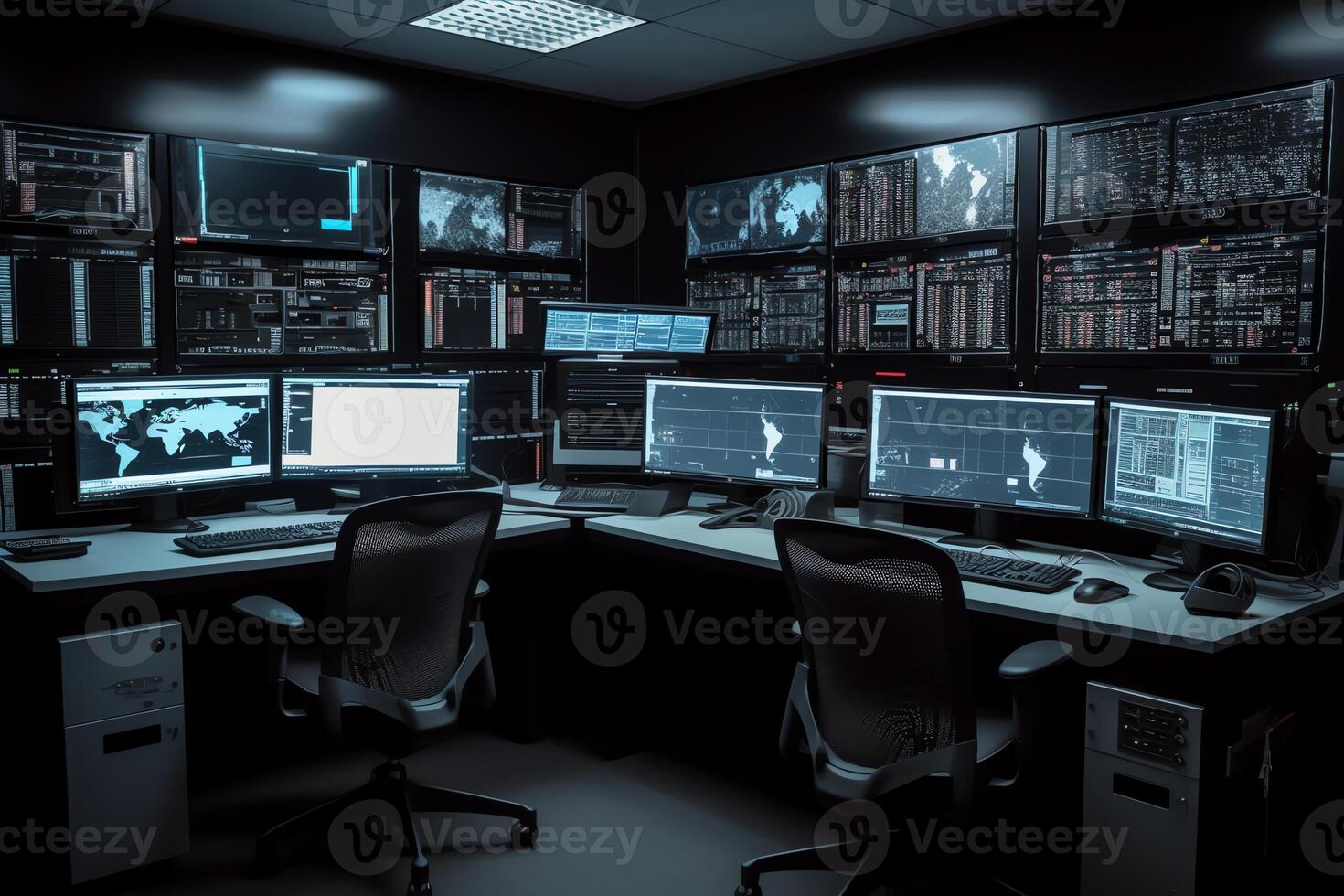 modern kontrollera rum flera olika personlig dator monitorer som visar kodning språk program med systemet övervakning gränssnitt. ai genererad foto